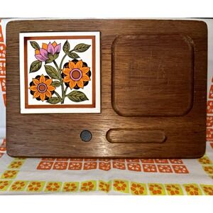 JAPAN Wood & Ceramic Floral Tile Inset Cutting Board, Medium Rectangle, Feet